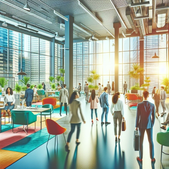 Flex office coloré avec des sièges des tables basses et des plantes